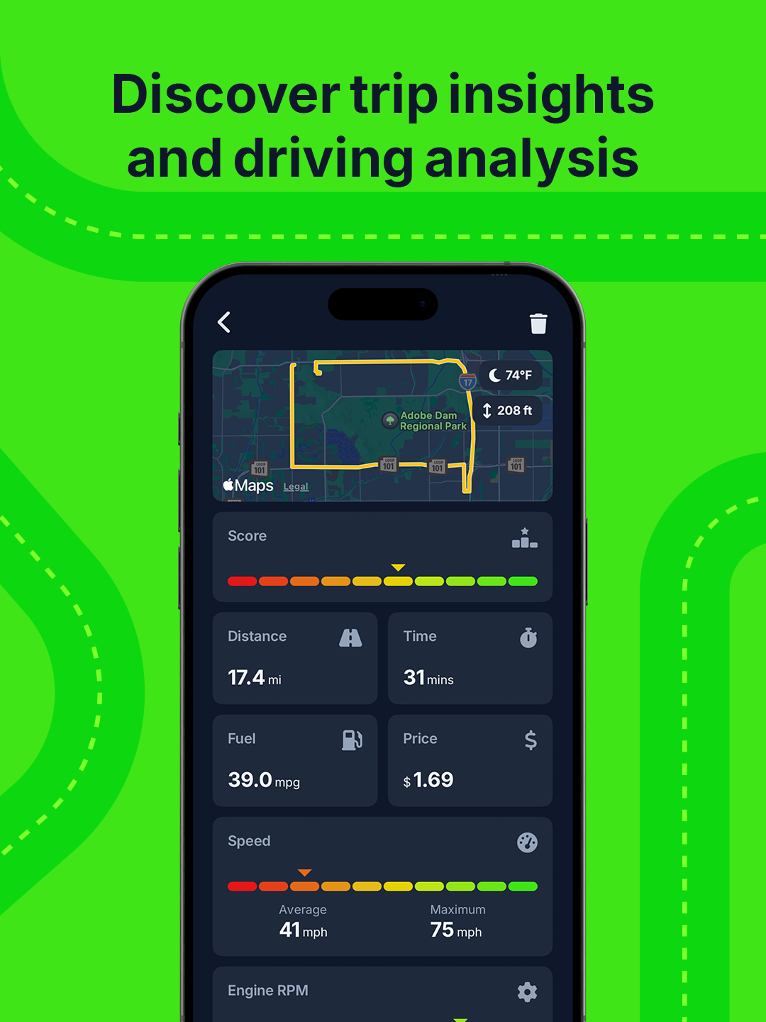Trip summary screen with score, distance, time, fuel, and speed