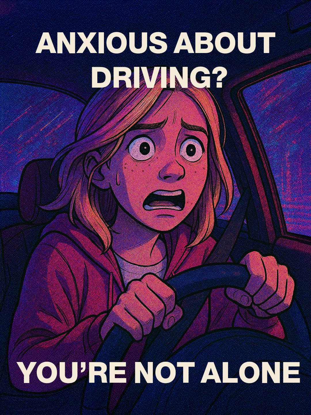 Marketing illustration of an anxious teen driver with the message 'You're not alone'